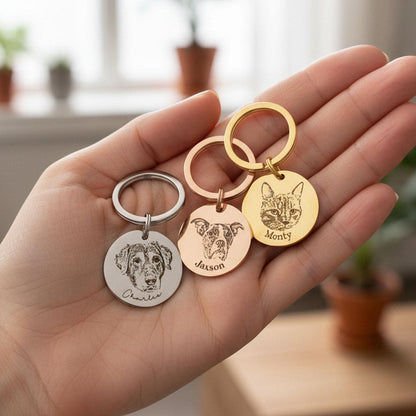 Custom Engraved Pet Portrait Keychain - Stainless Steel