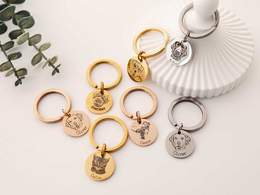 Custom Pet Portrait Keychain, Engraved Keepsake for Pet Lovers