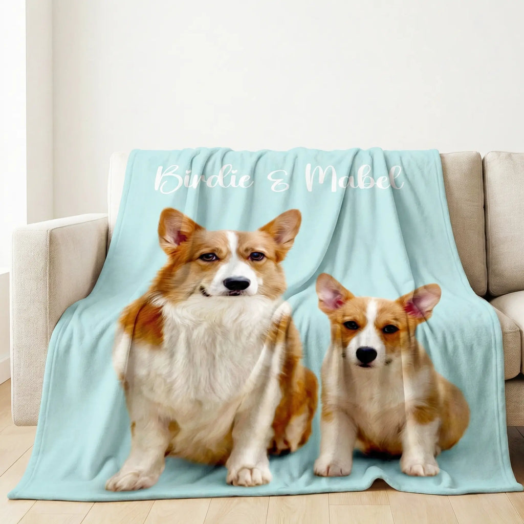 Custom pet photo blanket featuring a personalized dog portrait