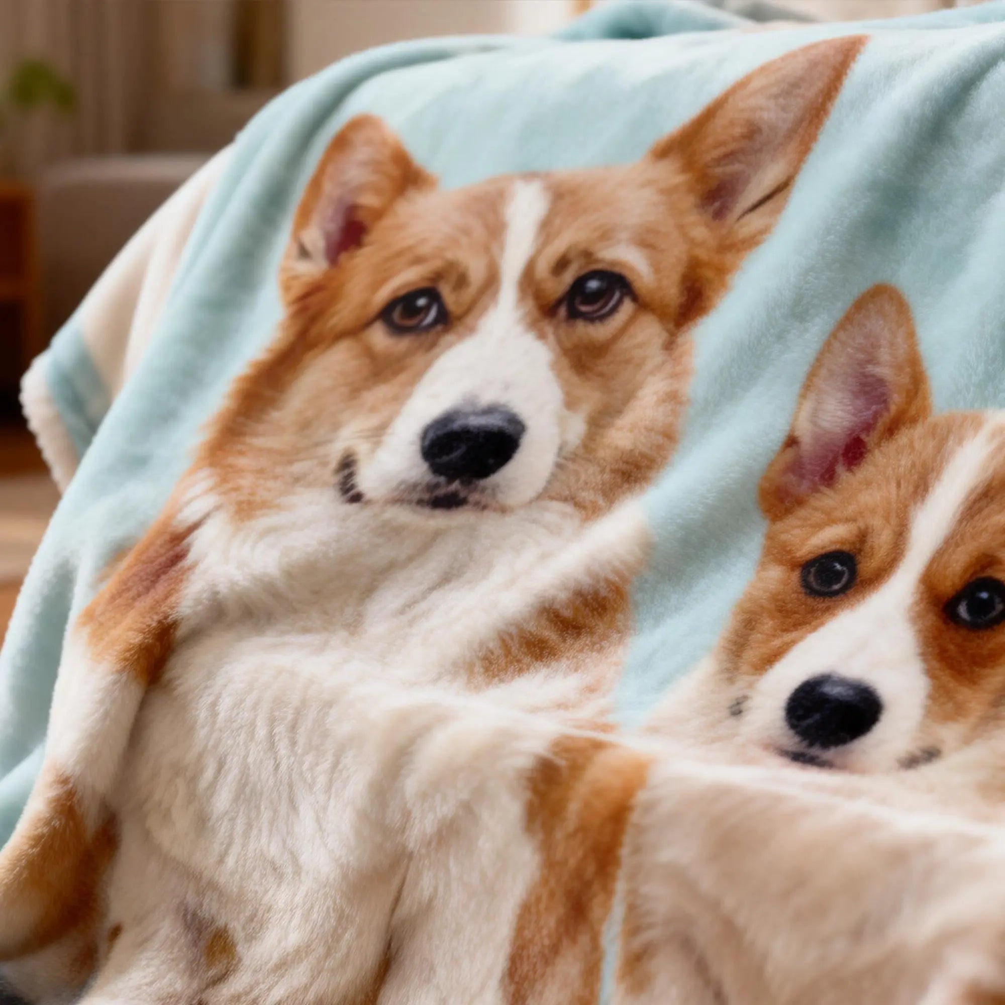 Personalized pet photo blanket displayed on a sofa