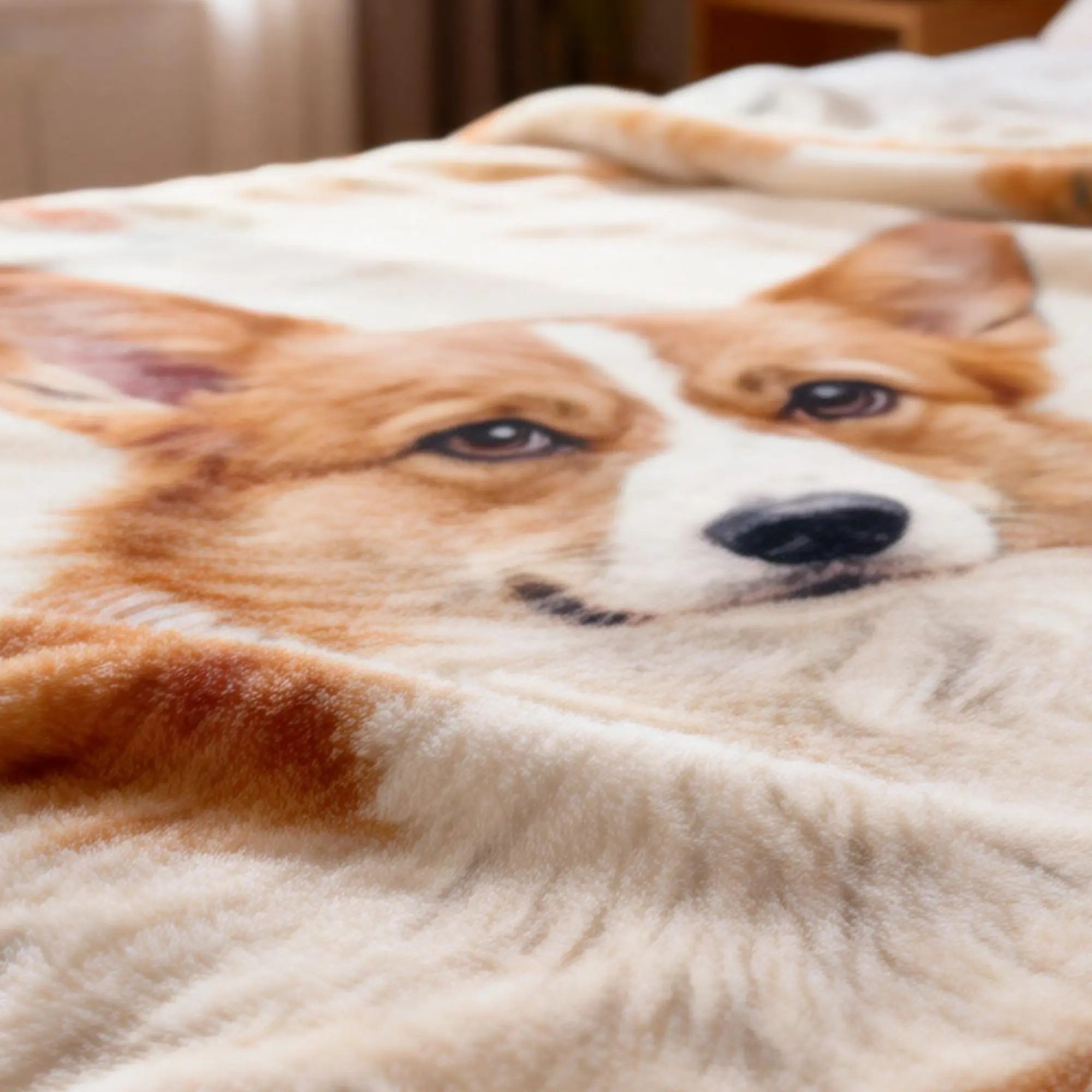 Personalized pet photo blanket displayed on a bed
