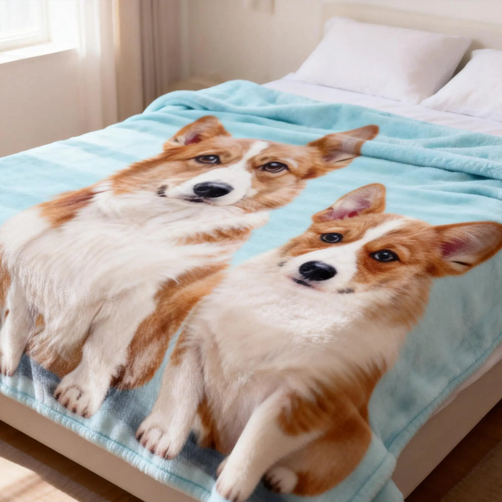Personalized pet photo blanket displayed on a bed