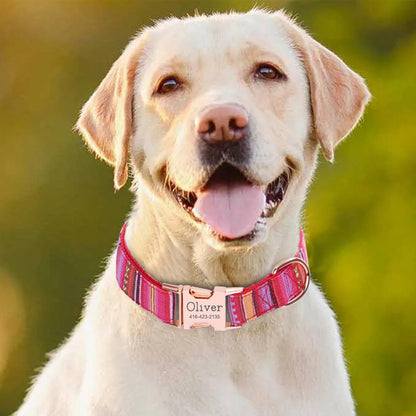 Tribal Pattern Dog Collar - Custom Engraved Name Adjustable Puppy Gift